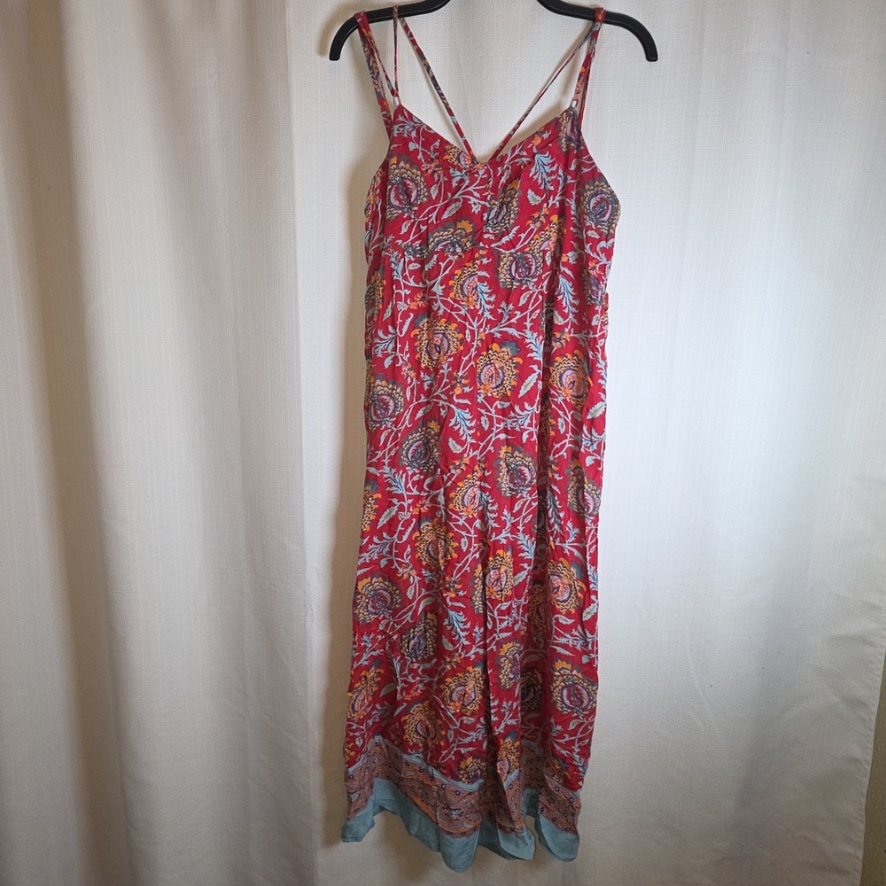 By Anthropologie Straps Jumpsuit Women Large Wide Leg BOHO Resort Red Turquoise